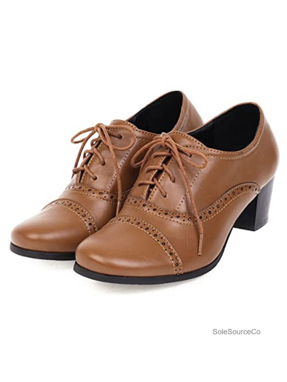 Women's Chunky Lace Up Round Toe Block Mid Heels Wingtip Oxfords Dress Pumps